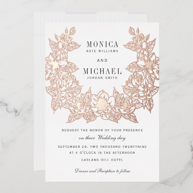 Invitation En Aluminium Chic Magnolia Wreath ROSE OR (Enveloppe)