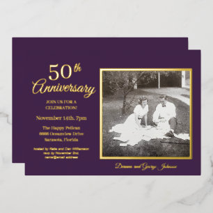 Invitation En Aluminium Chic Photo Violet 50e Anniversaire Or