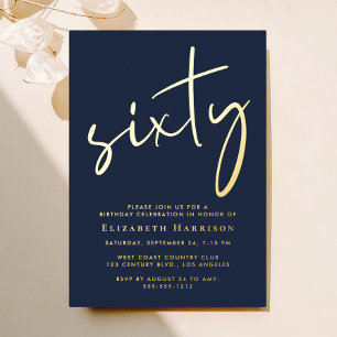 Invitation En Aluminium Chic Script Blue 60th Birthday Party Gold