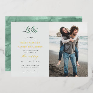 Invitation En Aluminium Chic Simple Bleu & Vert Branche Mariage Photo