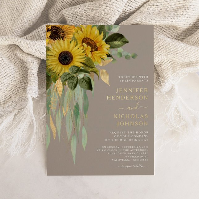 Invitation En Aluminium Chic Taupe Floral Mariage Gold (Chic Taupe Floral Wedding Gold Foil Invitation)