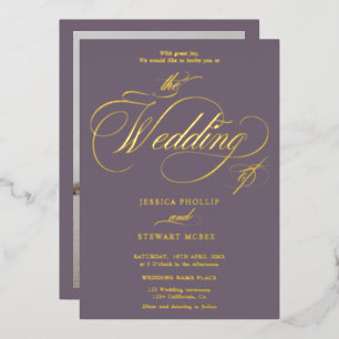 Invitation En Aluminium Chic violet photo calligraphie mariage or