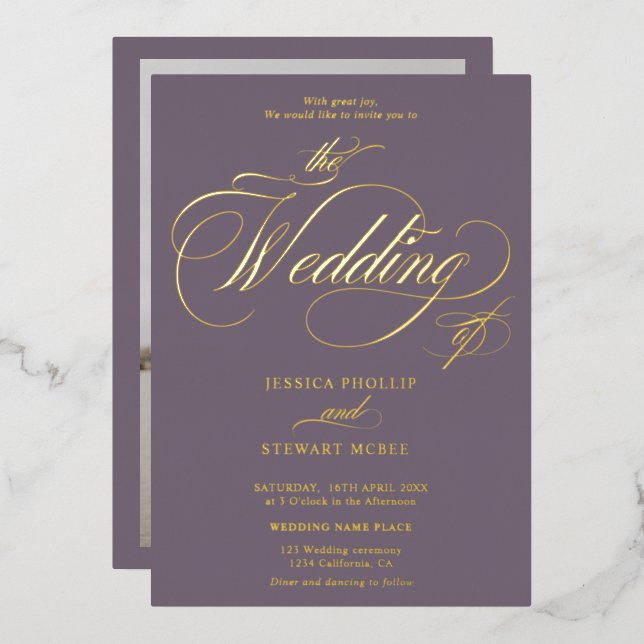 Invitation En Aluminium Chic violet photo calligraphie mariage or (Recto/Verso)