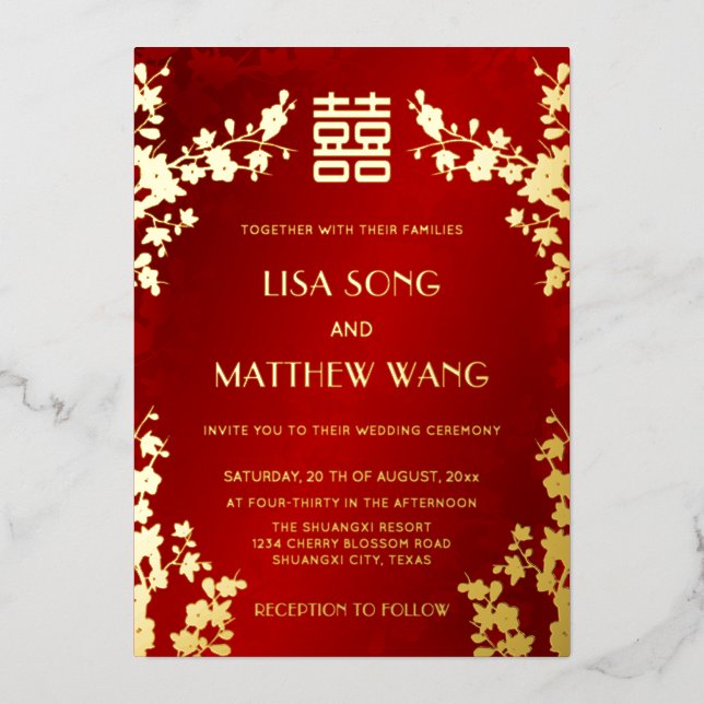 Invitation En Aluminium Chinese Bilingual | Red Cherry Blossom Wedding (Recto)