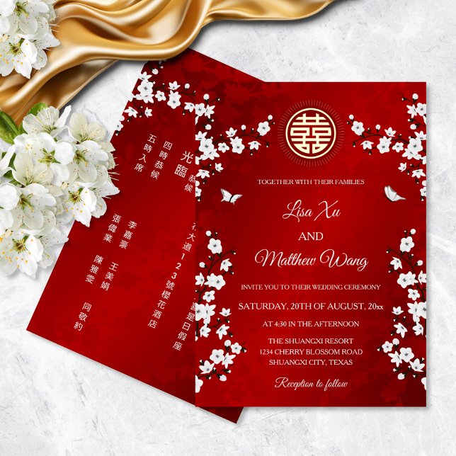 Invitation En Aluminium Chinois bilingue | Fleur de cerisier blanc (Créateur téléchargé)
