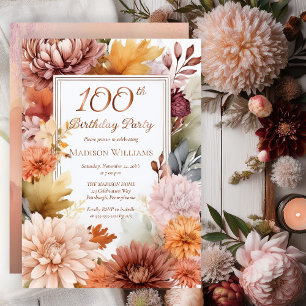 Invitation En Aluminium Chrysanthèmes Peonies Floral 100e fête d'anniversa