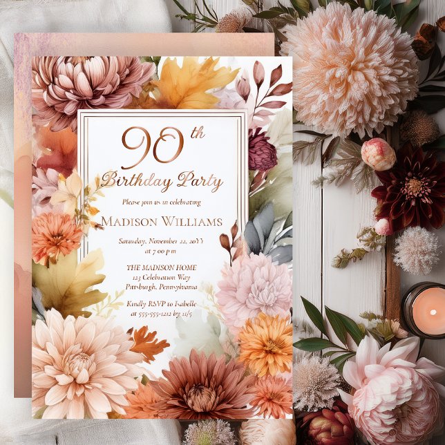 Invitation En Aluminium Chrysanthemums Peonies Floral 90e fête d'anniversa (Elegant Boho Chrysanthemums and Peonies Floral 90th Birthday Party Invitation - Rose Gold Foil)