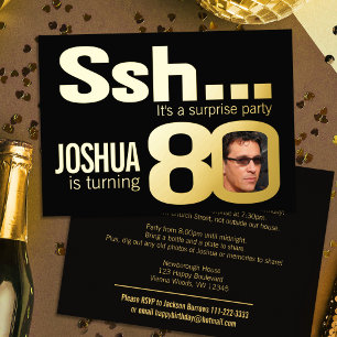 Invitation En Aluminium Chut... Soirée surprise pour 80 ans or noir