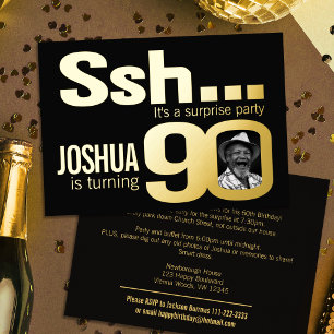 Invitation En Aluminium Chut... Soirée surprise pour 90 ans or noir