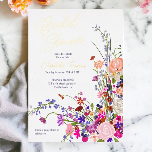 Invitation En Aluminium Chute moderne fleurs sauvages script douche de mar (Modern fall wild flowers script bridal shower foil invitation)