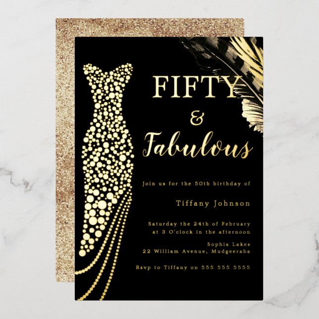 Invitation En Aluminium Cinquante et fabuleuse robe Gold Foil 50e annivers (Recto/Verso)