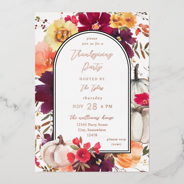 Invitation En Aluminium Citrouille blanc chute florale Thanksgiving (Recto)