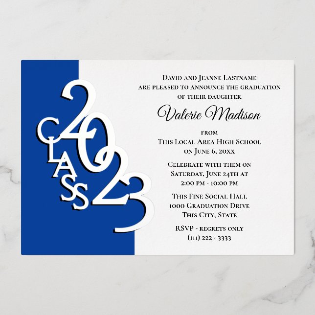Invitation En Aluminium Classe 2023 Graduation Blue and Silver Foil (Recto)