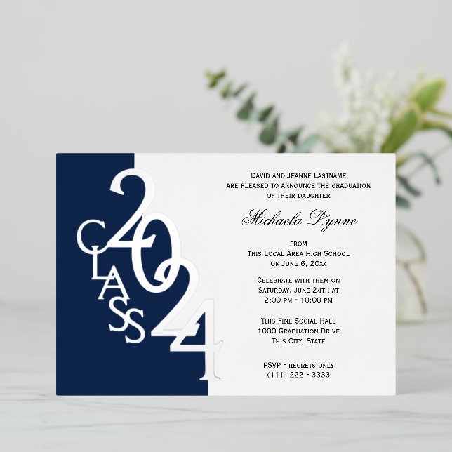 Invitation En Aluminium Classe 2024 Marine Blue and Silver Foil (Debout devant)