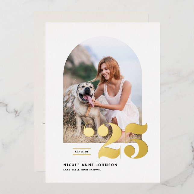 Invitation En Aluminium Classe de 2025 Arch Photo Graduation Gold (Recto/Verso)