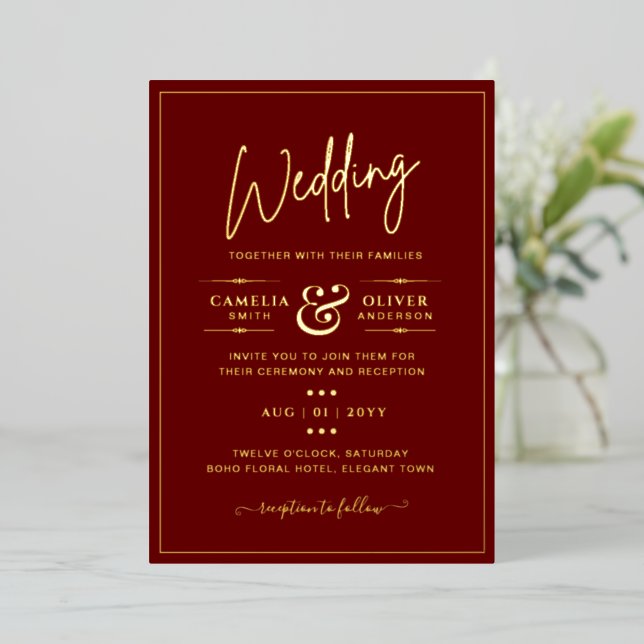 Invitation En Aluminium Classic GOLD FOIL Bourgogne Élégant Classic Mariag (Debout devant)