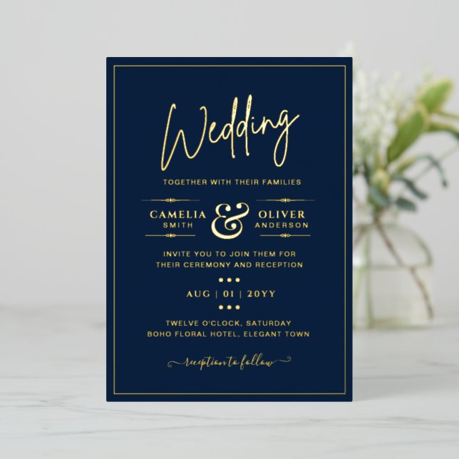 Invitation En Aluminium Classic GOLD FOIL Navy Elegant Classic Mariage (Debout devant)