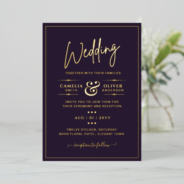 Invitation En Aluminium Classic GOLD FOIL Plum Elegant Classic Mariage (Debout devant)