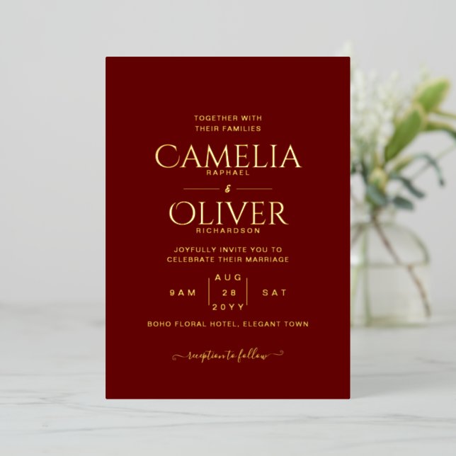 Invitation En Aluminium Classic GOLD FOIL Texte Bourgogne Mariage Élégant (Debout devant)