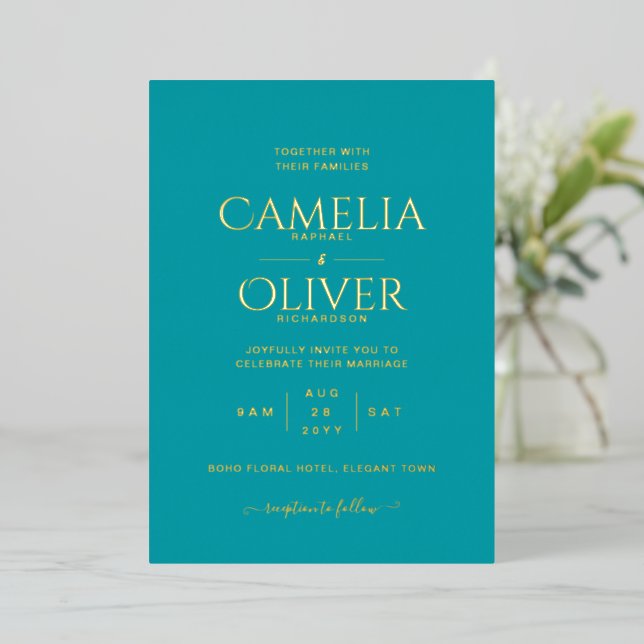 Invitation En Aluminium Classic GOLD FOIL Turquoise Mariage Élégant (Debout devant)