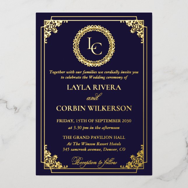 Invitation En Aluminium Classic Gold Frame Royal Monogram Wedding (Recto)