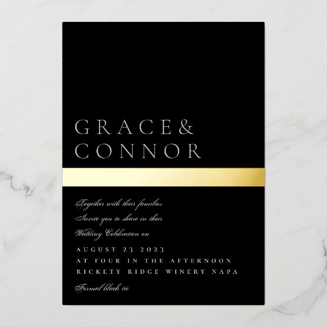 Invitation En Aluminium Classic moderne Black Grey Gold Foil Mariage (Recto)