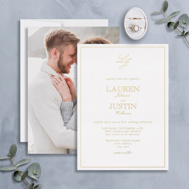 Invitation En Aluminium Classic Script Monogramme Photo Mariage Gold (Créateur téléchargé)