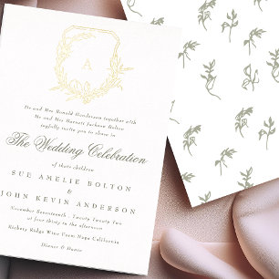 Invitation En Aluminium classique sauge vert botanique or monogramme crête