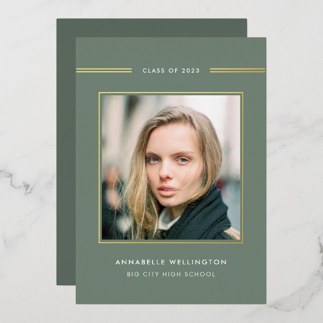 Invitation En Aluminium Classy Elegant Green Graduation Photo Gold (Recto/Verso)