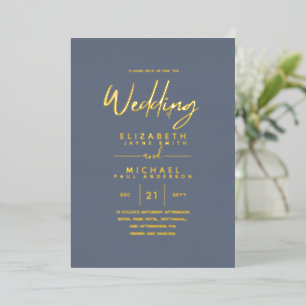Invitation En Aluminium Classy GOLD FOIL Texte Dusty Blue Mariage Élégant