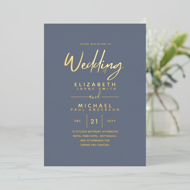 Invitation En Aluminium Classy GOLD FOIL Texte Dusty Blue Mariage Élégant (Debout devant)