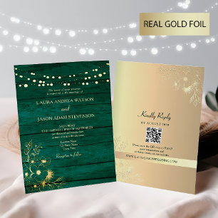 Invitation En Aluminium Code QR de mariage vert émeraude et or