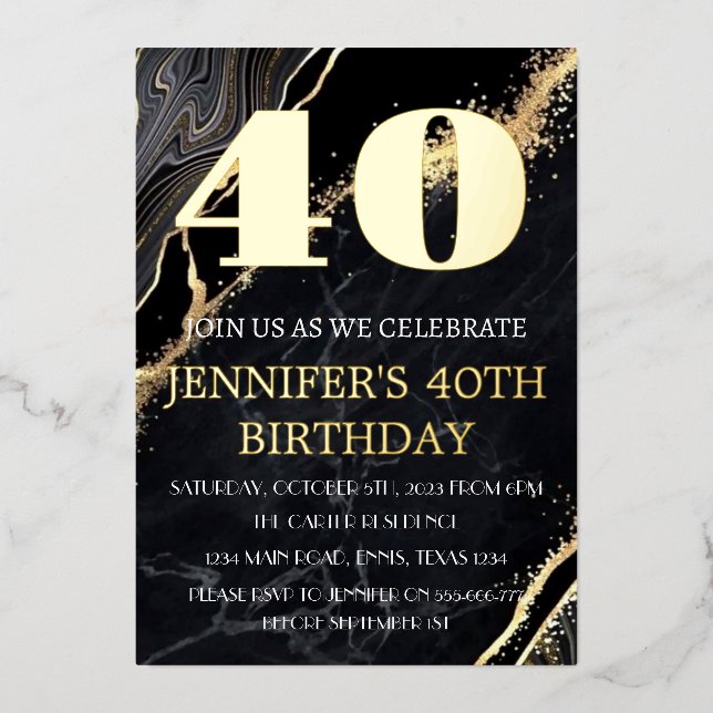 Invitation En Aluminium Code QR moderne 40e anniversaire Black Gold Foil (Recto)