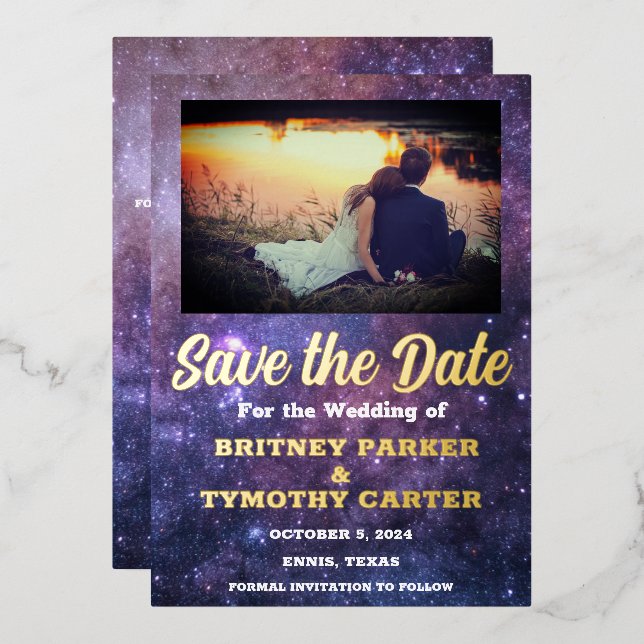 Invitation En Aluminium Code QR moderne Photo Galaxie céleste Mariage (Recto/Verso)