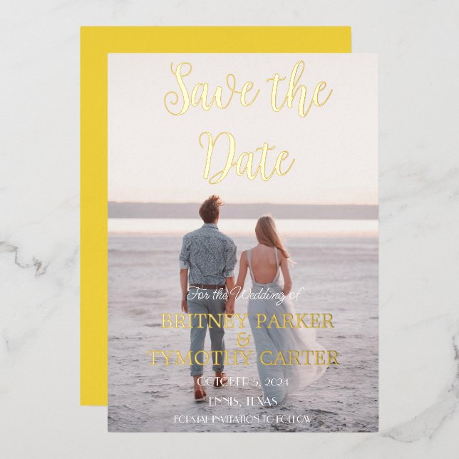 Invitation En Aluminium Code QR moderne Script photo Mariage jaune (Recto/Verso)