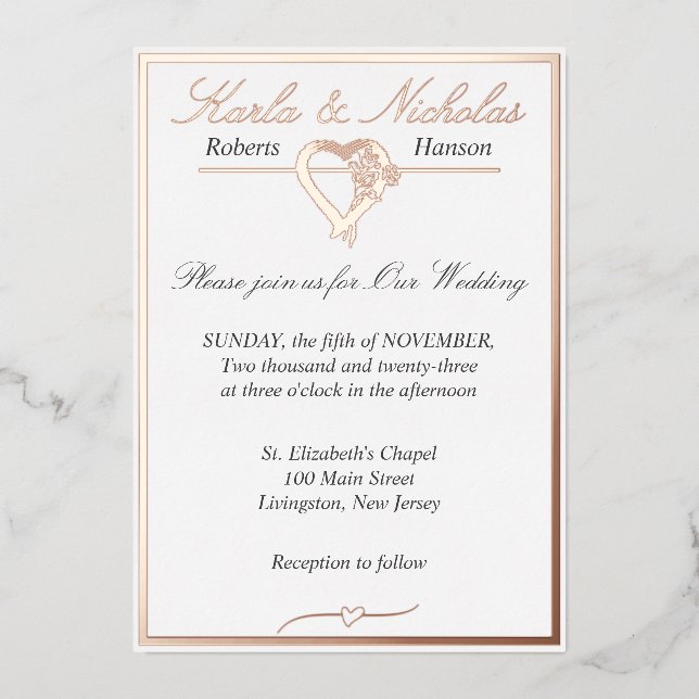 Invitation En Aluminium Coeur & Rose, Mariage blanc élégant, (Recto)