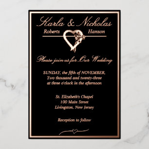 Invitation En Aluminium Coeur & Rose, Mariage noir, Rose Gold Full