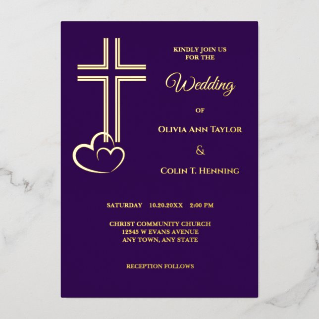 Invitation En Aluminium Coeurs croisés double ligne sur Mariage pourpre (Recto)