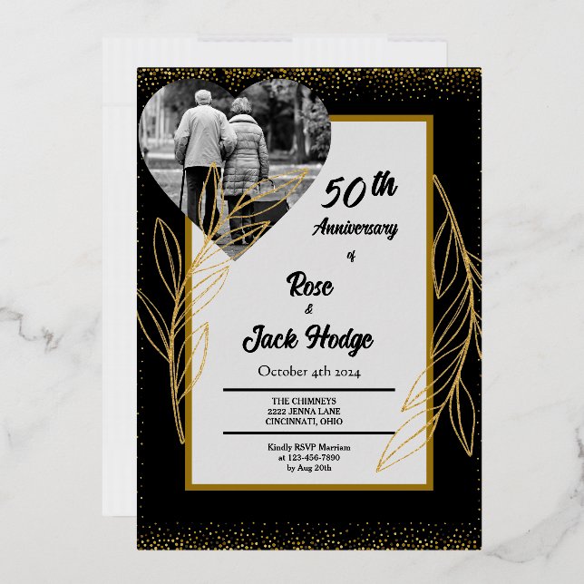 Invitation En Aluminium Cœurs d'or noir Photo 50e anniversaire (Enveloppe)
