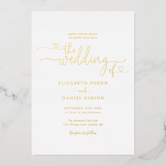 Invitation En Aluminium Coeurs élégants Script Calligraphie Mariage Or (Recto)