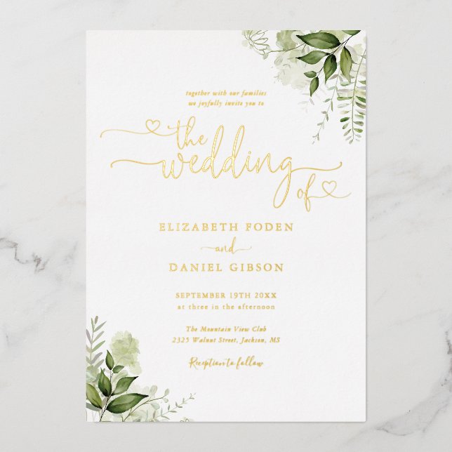 Invitation En Aluminium Coeurs vertes Script Calligraphie Mariage Or (Recto)