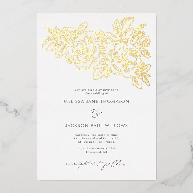 Invitation En Aluminium Coin de fleurs dorées élégant design de mariage (Recto)