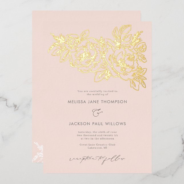 Invitation En Aluminium Coin de fleurs dorées élégant design mariage blush (Recto/Verso)