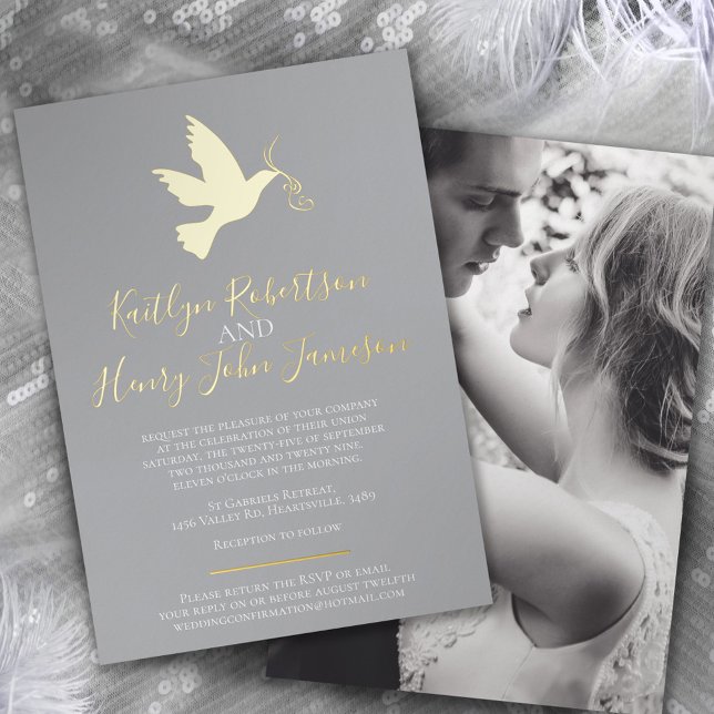 Invitation En Aluminium Colombe or gris simple mariage avec photo (Créateur téléchargé)