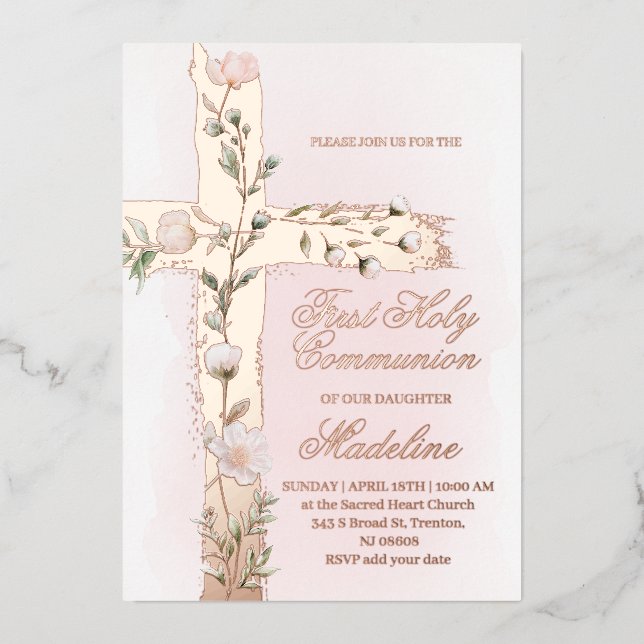Invitation En Aluminium communion de la première croix sainte florale (Recto)