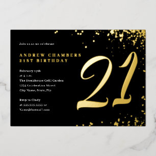 Invitation En Aluminium Confetti d'or noir 21e anniversaire