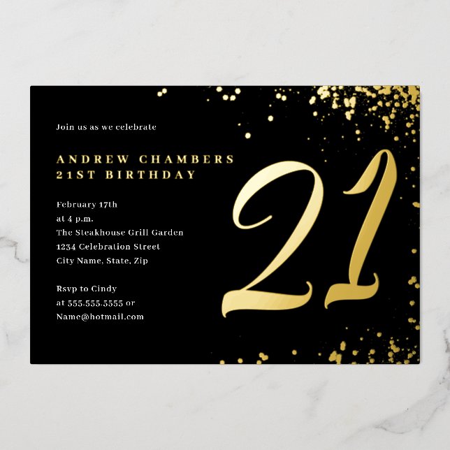 Invitation En Aluminium Confetti d'or noir 21e anniversaire (Recto)