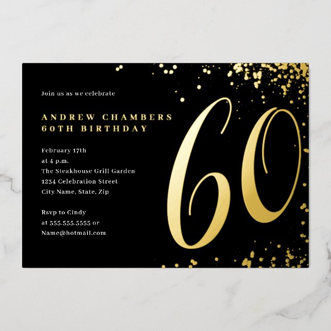 Invitation En Aluminium Confetti d'or noir 60e anniversaire (Recto)
