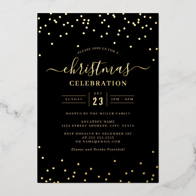 Invitation En Aluminium Confetti Gold Black Christmas Party (Recto)