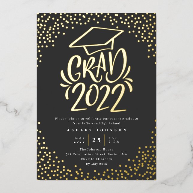 Invitation En Aluminium Confetti Lettered Grad 2022 Graduation Party Noir (Recto)
